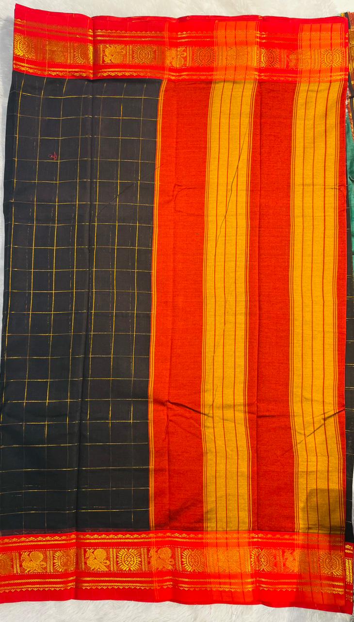 Black Yukti Big checks Narayanpeth Cotton Saree | With Unstitched Blouse Piece For Women