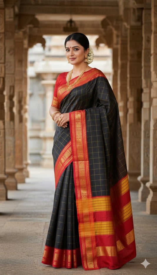 Black Yukti Big checks Narayanpeth Cotton Saree | With Unstitched Blouse Piece For Women
