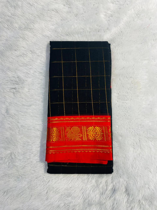 Black Yukti Big checks Narayanpeth Cotton Saree | With Unstitched Blouse Piece For Women
