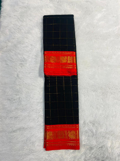 Black Yukti Big checks Narayanpeth Cotton Saree | With Unstitched Blouse Piece For Women