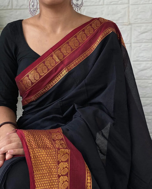 Black Namrata Narayanpeth Cotton Saree | With Unstitched Blouse Piece For Women