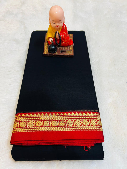 Black Poorna Narayanpeth Cotton Saree | With Unstitched Blouse Piece For Women