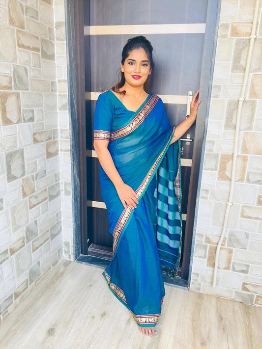 Blue Adhira Narayanpeth Cotton Saree | With Unstitched Blouse Piece For Women