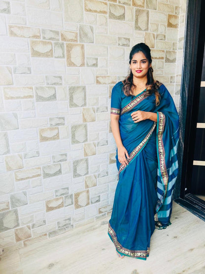 Blue Adhira Narayanpeth Cotton Saree | With Unstitched Blouse Piece For Women