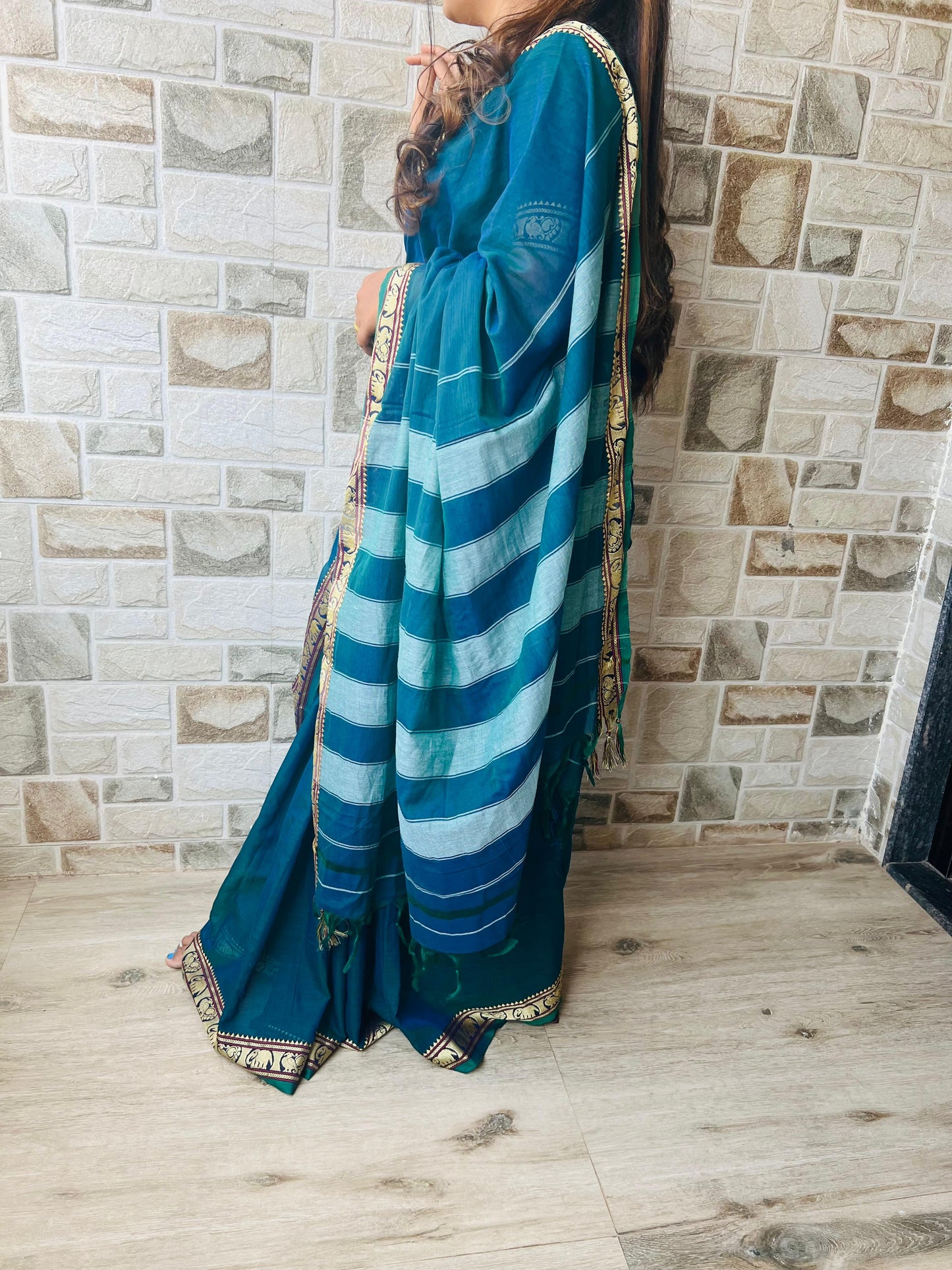 Blue Adhira Narayanpeth Cotton Saree | With Unstitched Blouse Piece For Women
