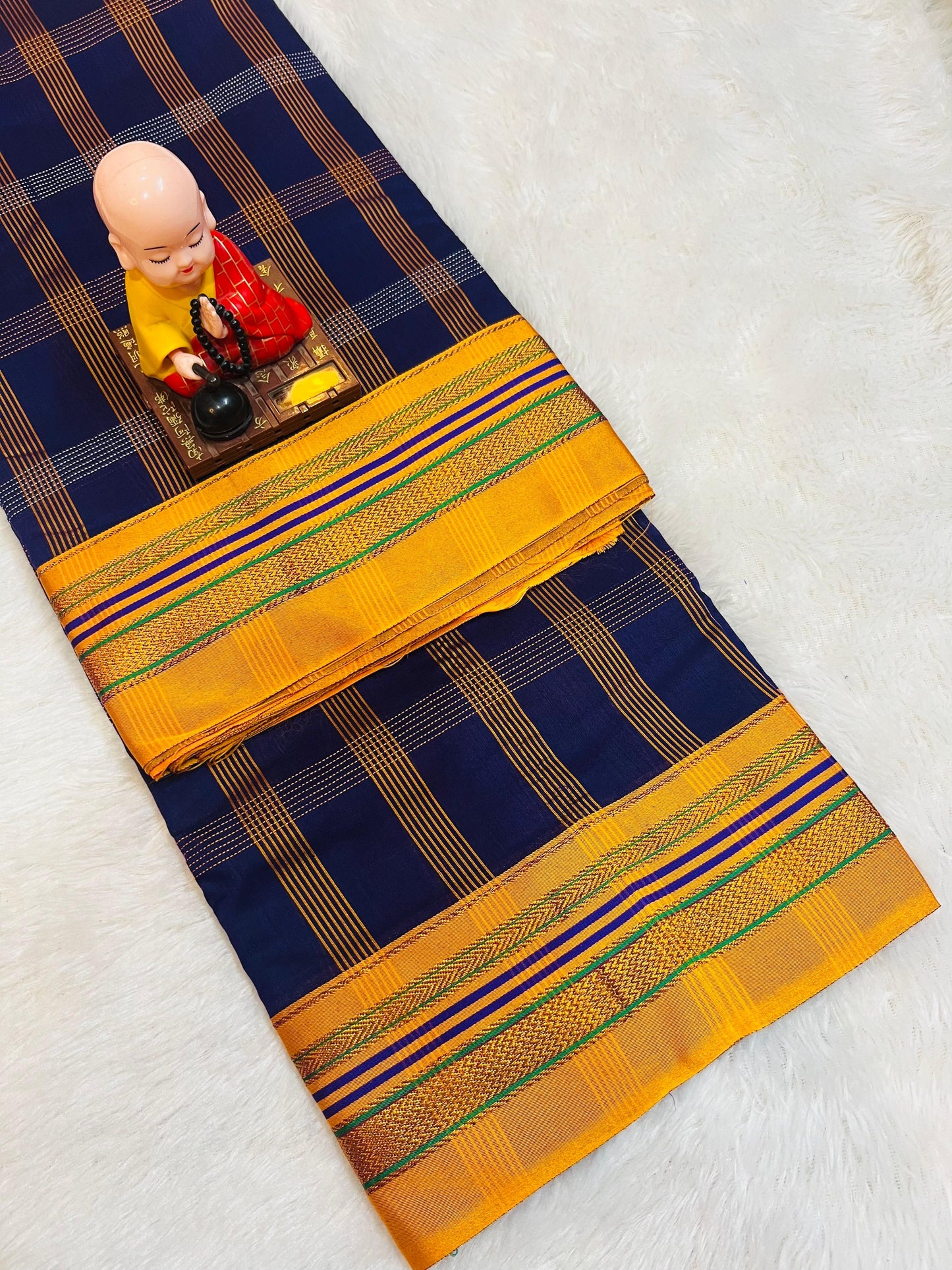 Blue Box Checks Acrylic Cotton Saree | With Unstitched Blouse Piece For Women