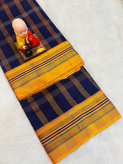 Blue Box Checks Acrylic Cotton Saree | With Unstitched Blouse Piece For Women