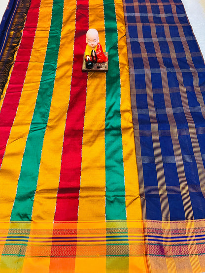 Blue Box Checks Acrylic Cotton Saree | With Unstitched Blouse Piece For Women