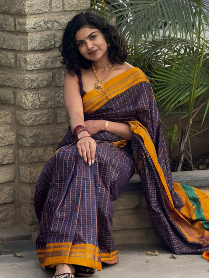 Blue Star Box Narayanpeth Cotton Saree | With Unstitched Blouse Piece For Women