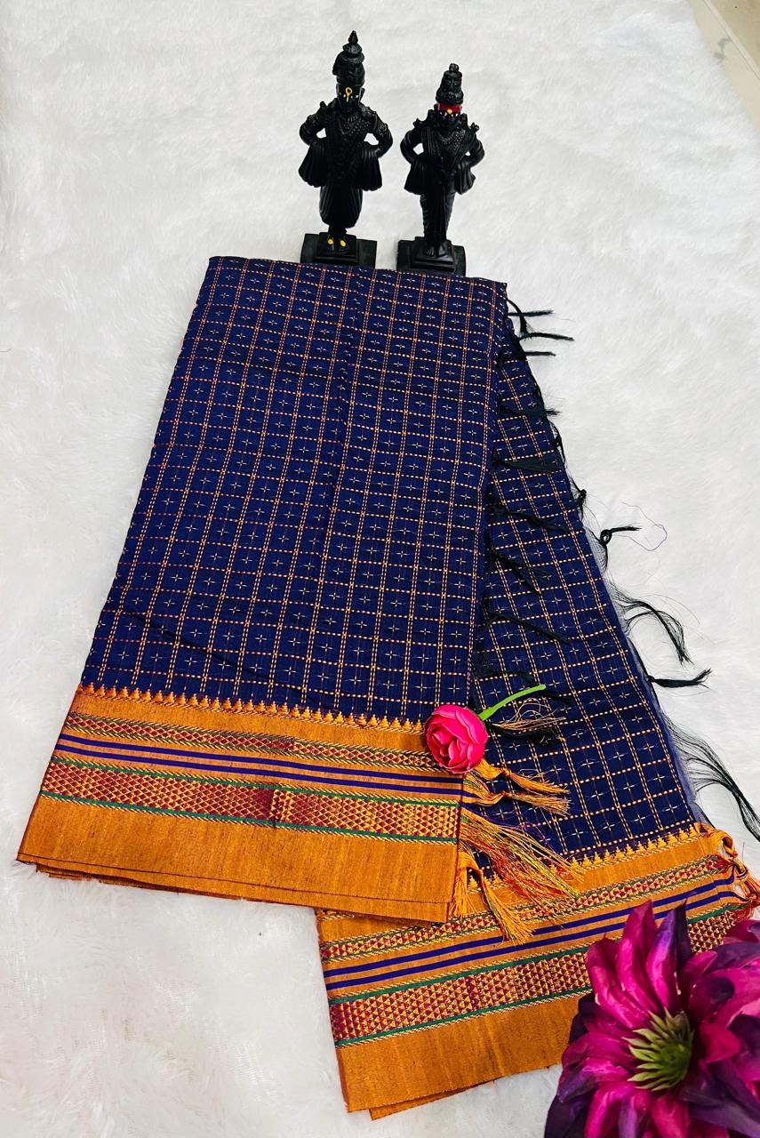 Blue Star Box Narayanpeth Cotton Saree | With Unstitched Blouse Piece For Women