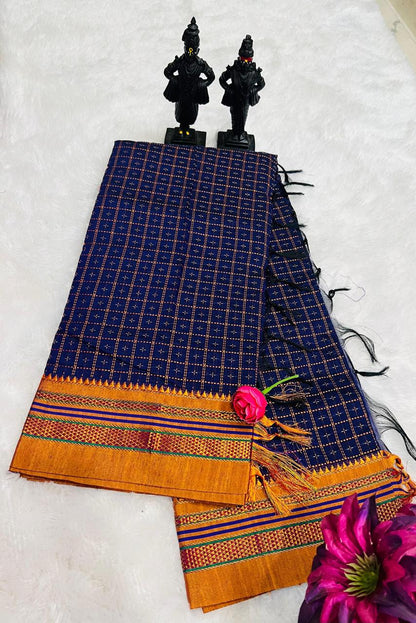 Blue Star Box Narayanpeth Cotton Saree | With Unstitched Blouse Piece For Women