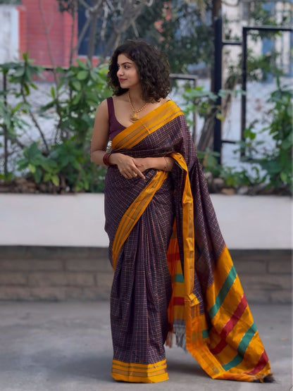Blue Star Box Narayanpeth Cotton Saree | With Unstitched Blouse Piece For Women
