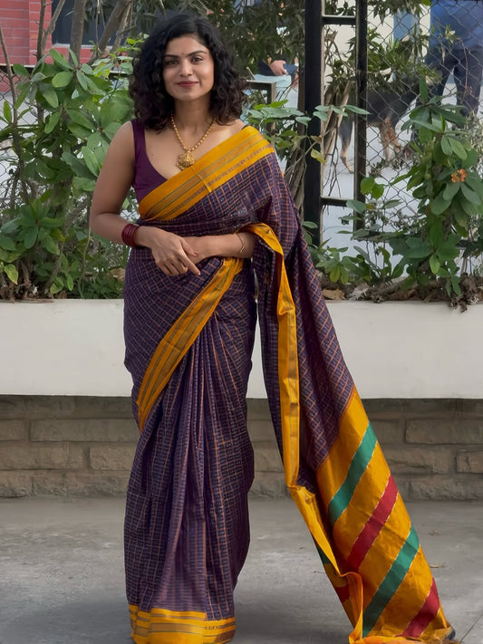Blue Star Box Narayanpeth Cotton Saree | With Unstitched Blouse Piece For Women