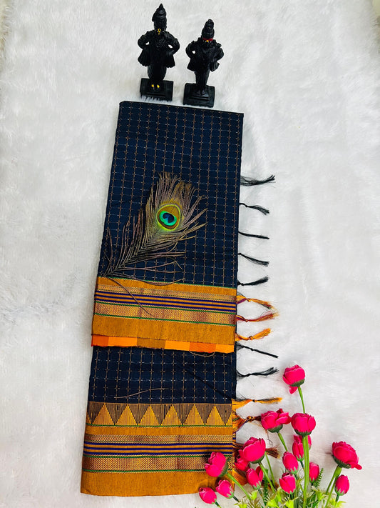 Blue Temple Star Plus Narayanpeth Cotton Saree | With Unstitched Blouse Piece For Women