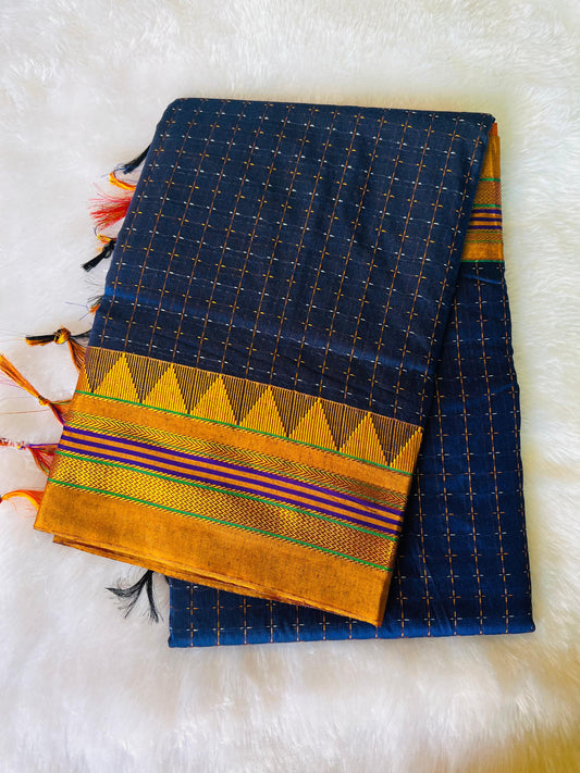 Blue Temple Star Plus Narayanpeth Cotton Saree | With Unstitched Blouse Piece For Women