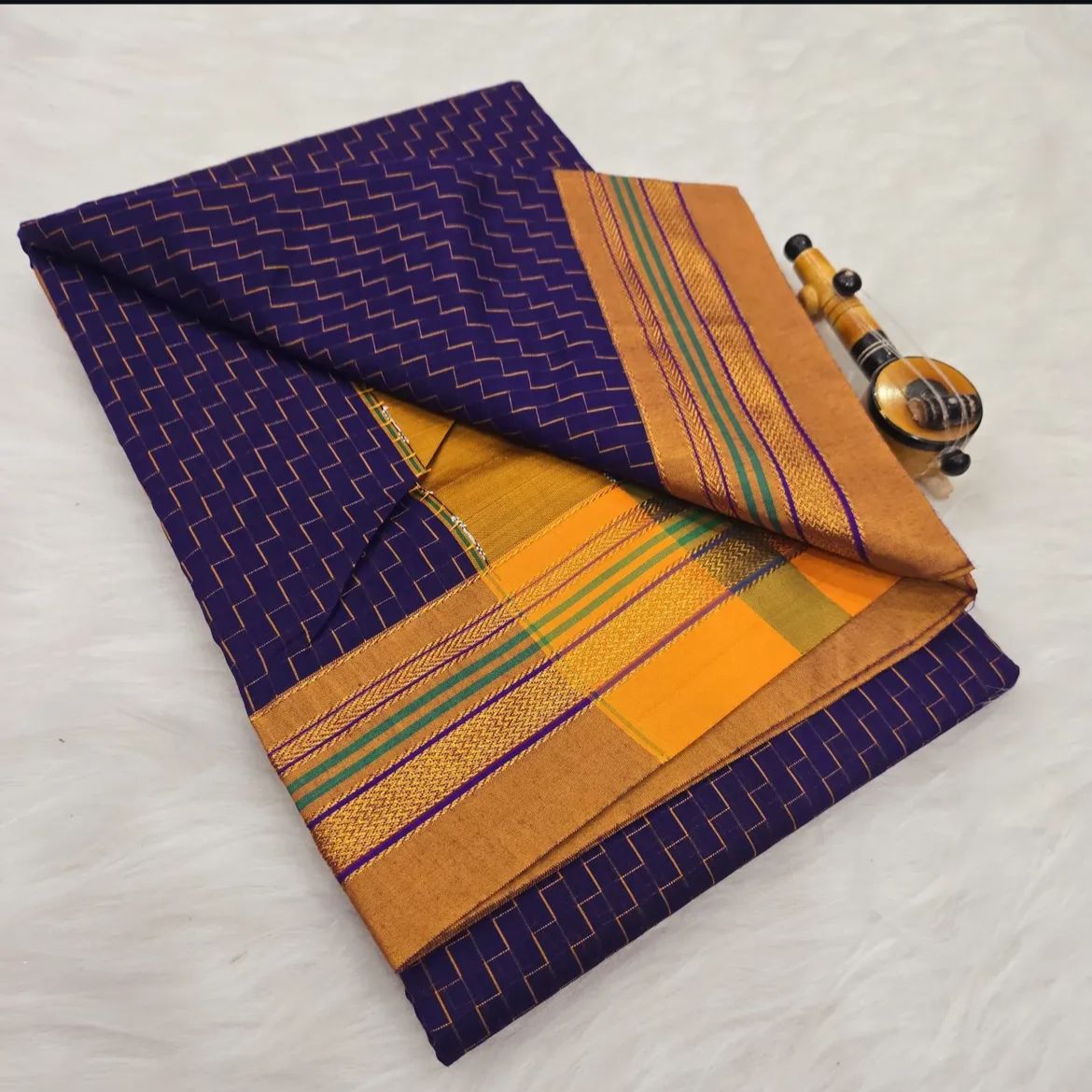 Blue Zigzag  Masarised  Cotton Saree | With Unstitched Blouse Piece For Women