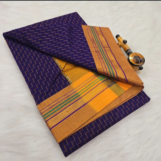 Blue Zigzag  Masarised  Cotton Saree | With Unstitched Blouse Piece For Women