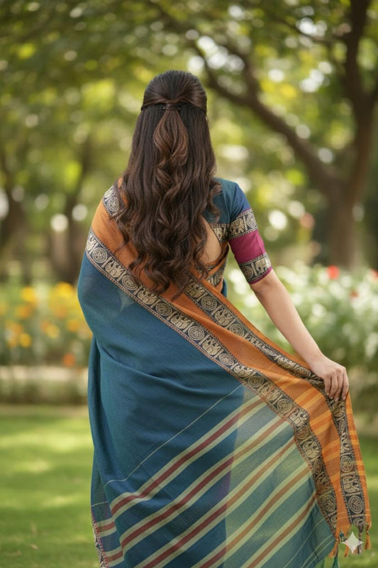 Blue Ashwini Narayanpeth Cotton Saree | With Unstitched Blouse Piece For Women