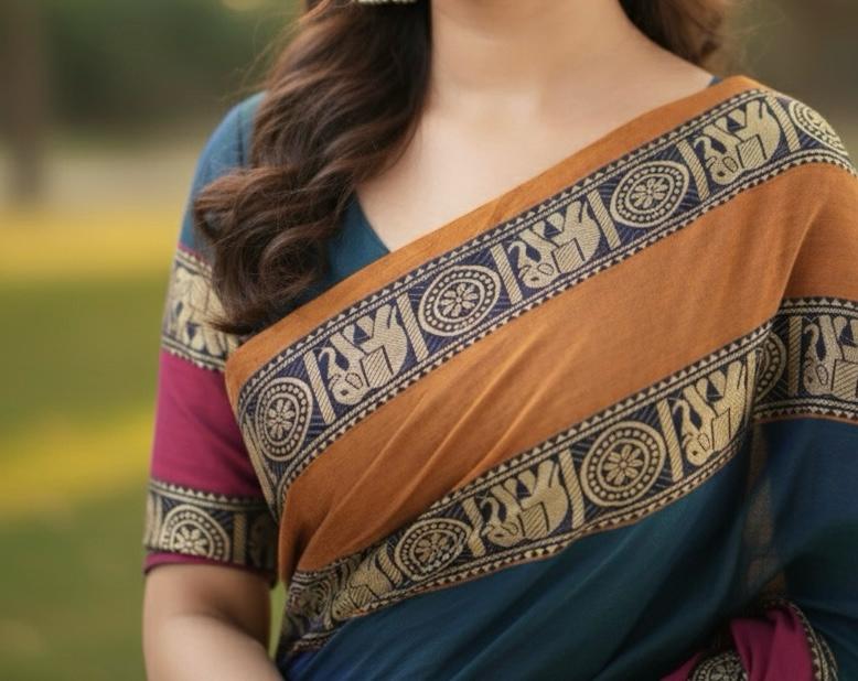 Blue Ashwini Narayanpeth Cotton Saree | With Unstitched Blouse Piece For Women