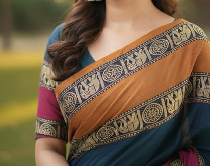 Blue Ashwini Narayanpeth Cotton Saree | With Unstitched Blouse Piece For Women