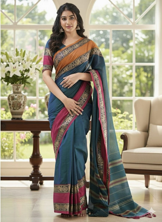 Blue Ashwini Narayanpeth Cotton Saree | With Unstitched Blouse Piece For Women