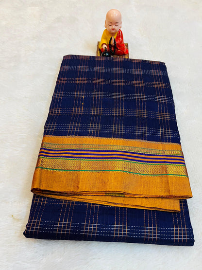 Blue Hash Checks  Narayanpeth Cotton Saree | With Unstitched Blouse Piece For Women