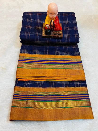 Blue Hash Checks  Narayanpeth Cotton Saree | With Unstitched Blouse Piece For Women