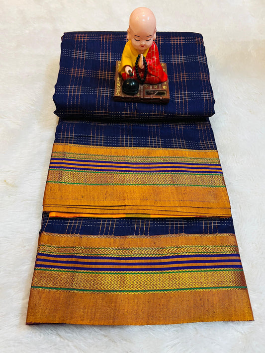 Blue Hash Checks  Narayanpeth Cotton Saree | With Unstitched Blouse Piece For Women
