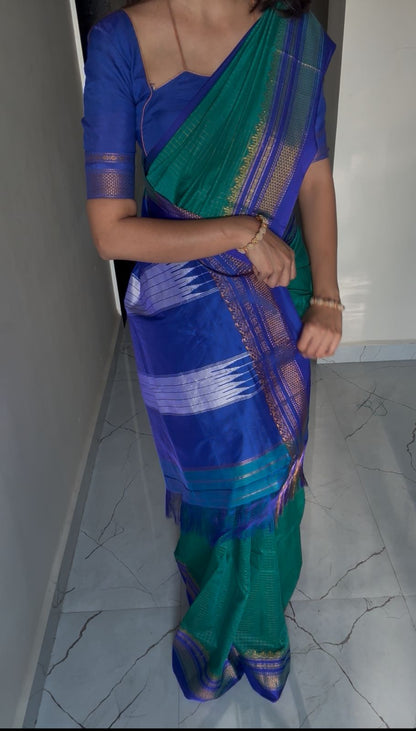 Blue zari checks Tana ilkal Saree | with unstitched blouse for women