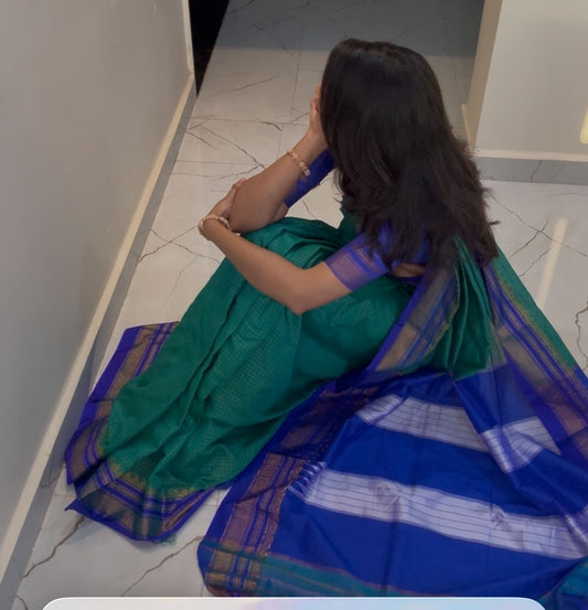 Blue zari checks Tana ilkal Saree | with unstitched blouse for women