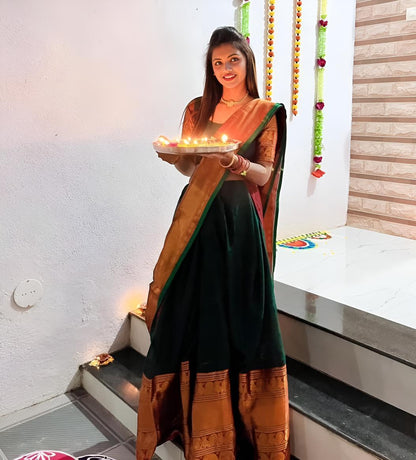 Bottle Green Narayanpeth Cotton Unstiched Lehanga Set | For Women