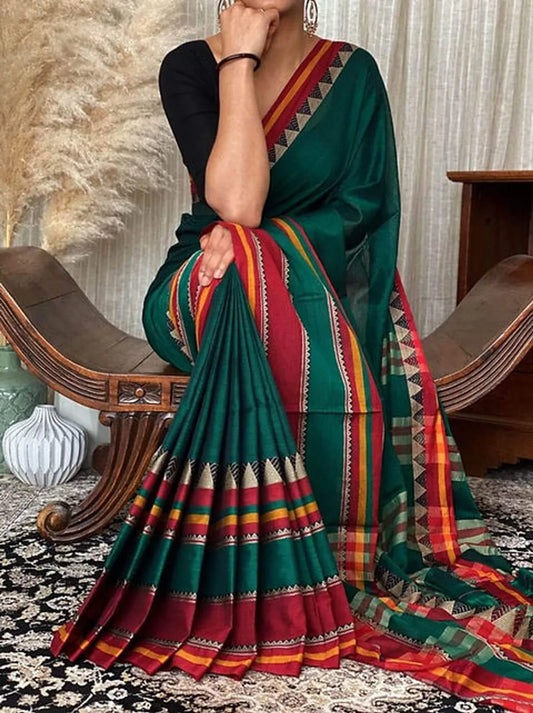 Bottle Green Divya Narayanpeth Cotton Saree | With Unstitched Blouse Piece For Women