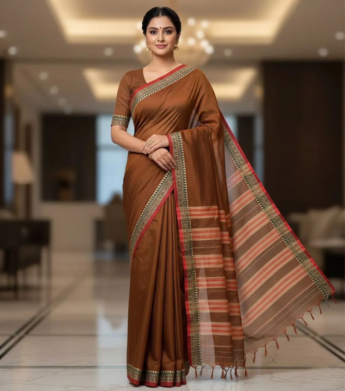 Brown Avani Narayanpeth Cotton Saree | With Unstitched Blouse Piece For Women