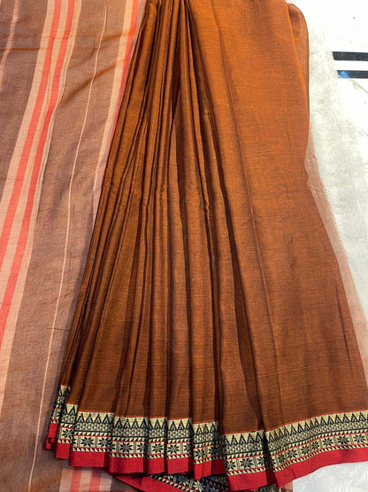 Brown Avani Narayanpeth Cotton Saree | With Unstitched Blouse Piece For Women