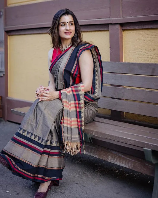 Charcoal grey  Divya Narayanpeth Cotton Saree | With Unstitched running  Blouse Piece For Women