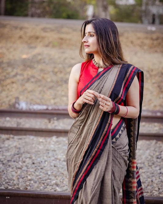 Charcoal grey  Divya Narayanpeth Cotton Saree | With Unstitched running  Blouse Piece For Women