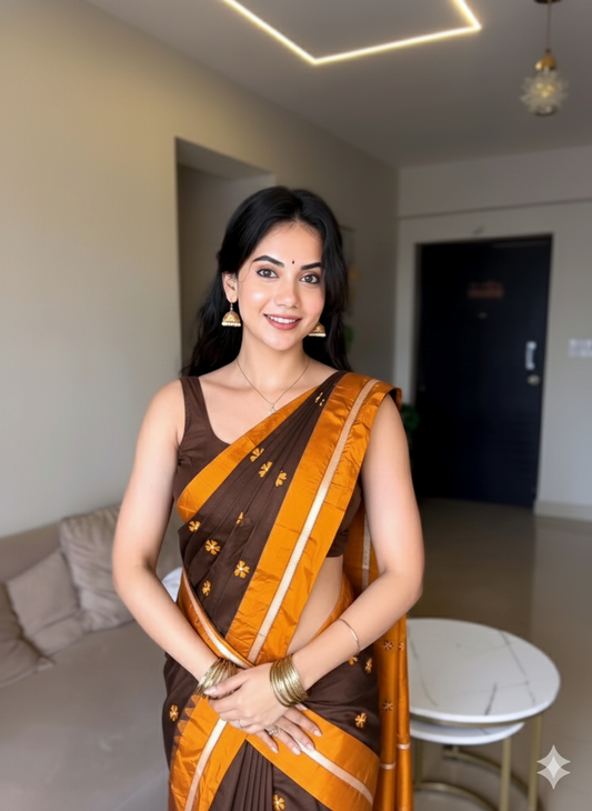 Coffee Malini Acrylic Cotton Saree | With Unstitched Blouse Piece For Women