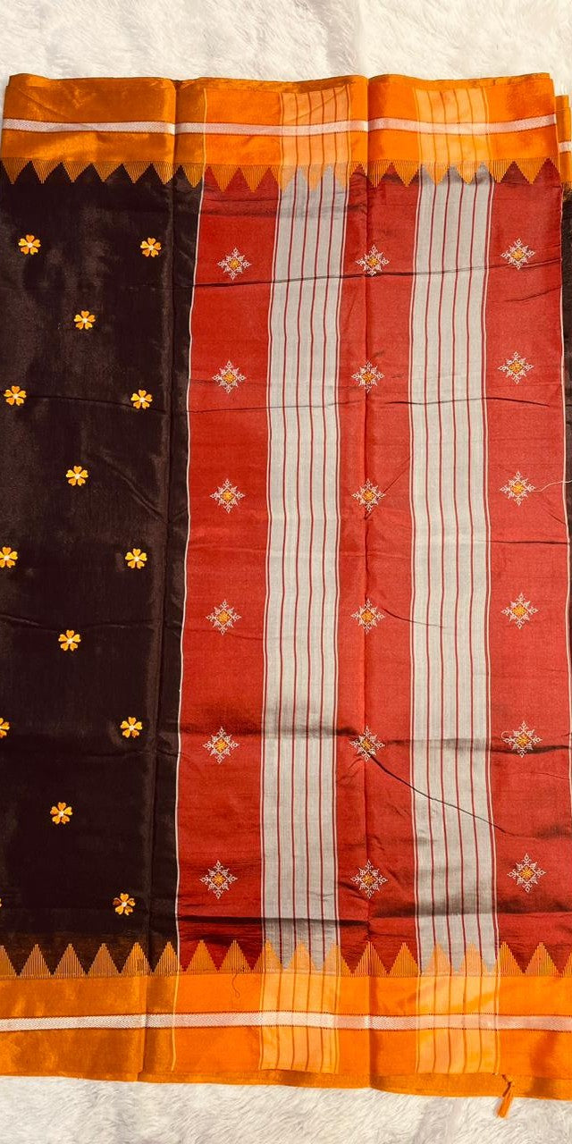 Coffee Malini Acrylic Cotton Saree | With Unstitched Blouse Piece For Women