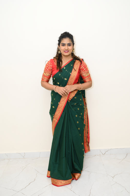 Green Ahalya Narayanpeth Cotton Saree | With Unstitched Blouse Piece For Women