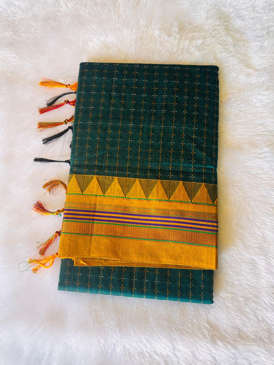 Dark Green Temple Star Plus Acrylic Cotton Saree | With Unstitched Blouse Piece For Women