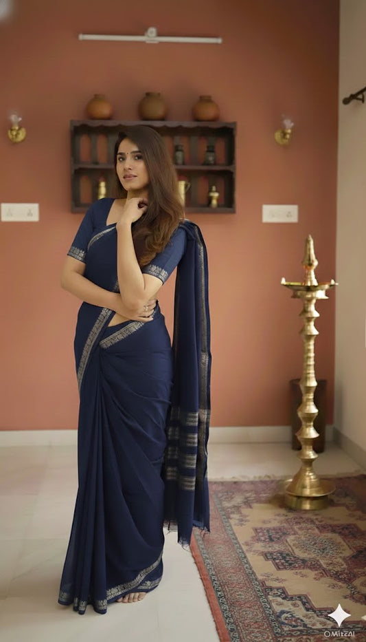 Dark Purple Raaga Narayanpeth Cotton Saree | With Unstitched Blouse Piece For Women