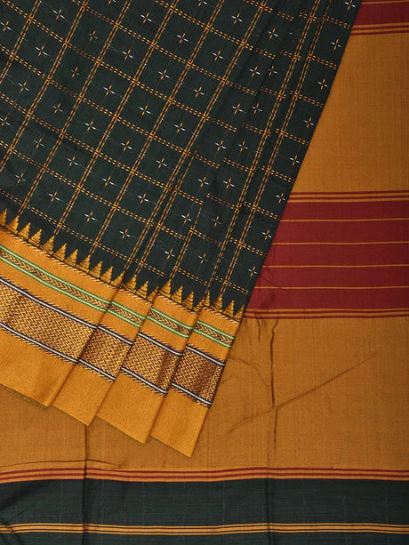 Dark green Star Box Cotton Saree | With Unstitched Blouse Piece For Women