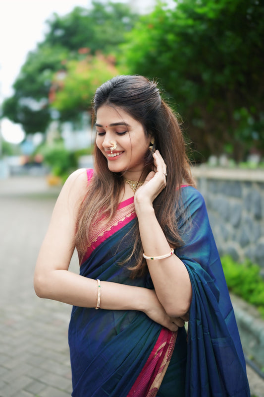 Deep blue kalastree Narayanpeth Cotton Saree | With Unstitched Blouse Piece For Women