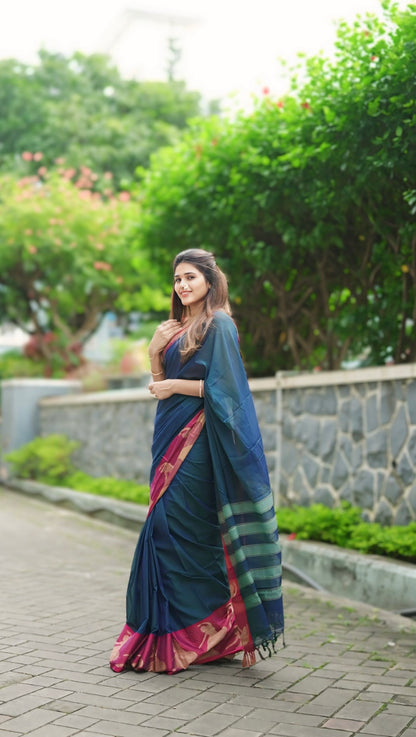 Deep blue kalastree Narayanpeth Cotton Saree | With Unstitched Blouse Piece For Women