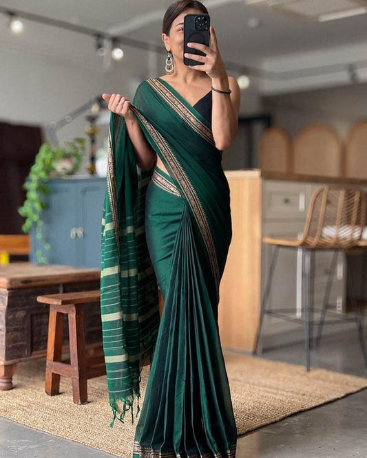 Green Adhira Narayanpeth Cotton Saree | With Unstitched Blouse Piece For Women
