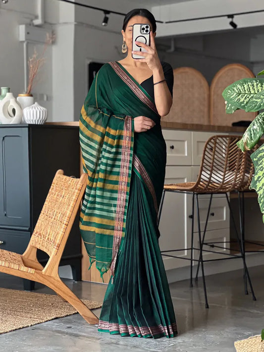 Green Adhira Narayanpeth Cotton Saree | With Unstitched Blouse Piece For Women