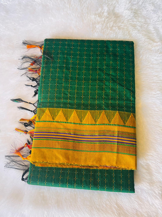 Green Temple Star Plus Narayanpeth Cotton Saree | With Unstitched Blouse Piece For Women