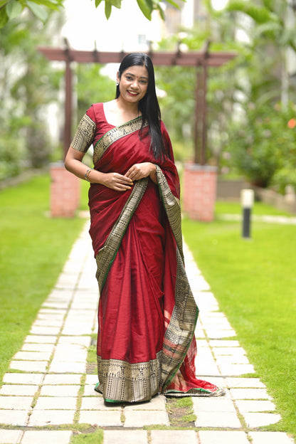 Maroon Khushi Narayanpeth Cotton Saree | With Unstitched Blouse Piece For Women