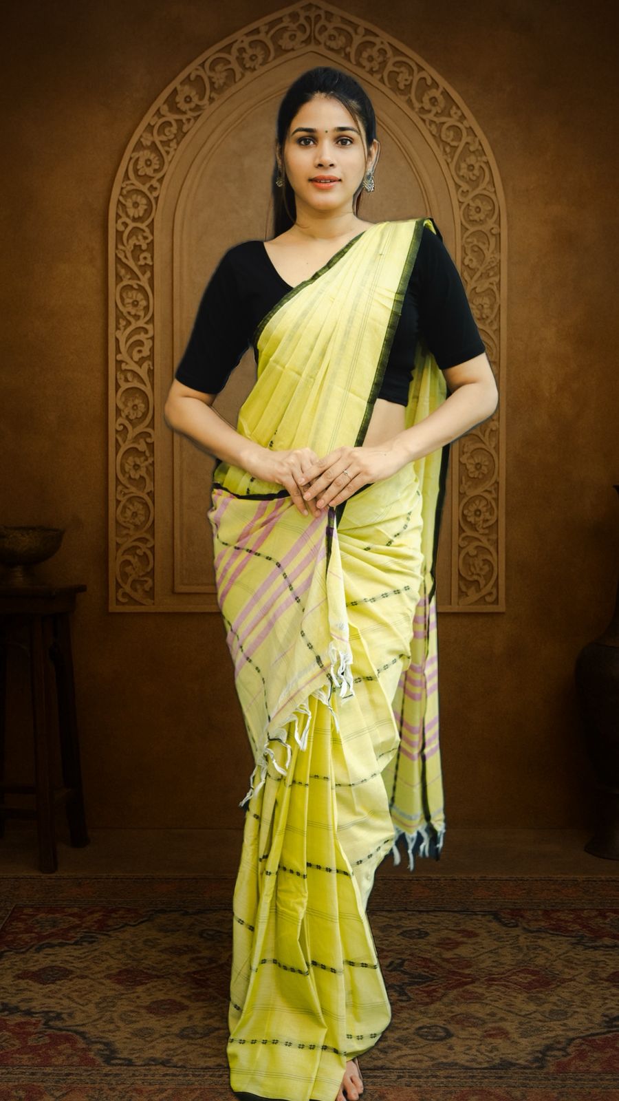 Light Yellow Rohini Narayanpeth Cotton Saree | With Unstitched Blouse Piece For Women