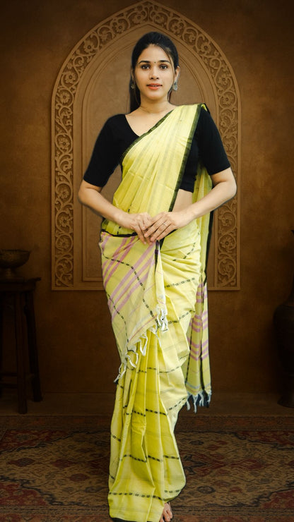 Light Yellow Rohini Narayanpeth Cotton Saree | With Unstitched Blouse Piece For Women